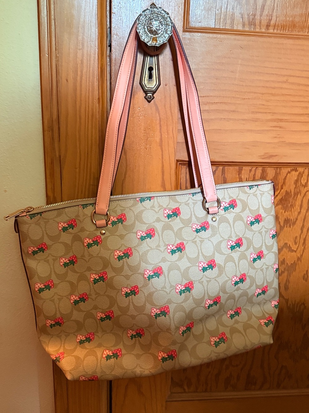 Coach Beige Signature Tote with Pink Strawberry Print and Pink Straps - Picture 2 of 3